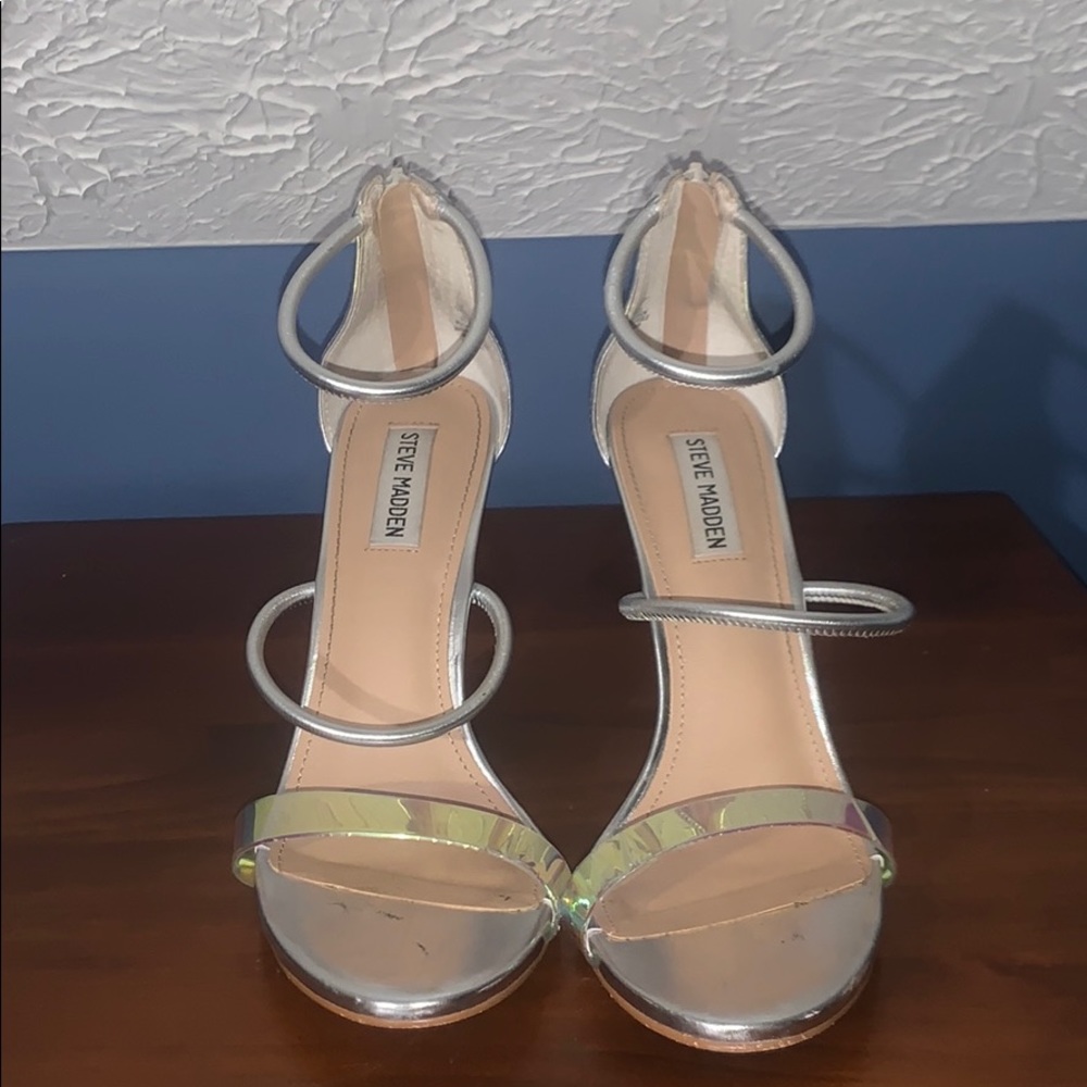 Silver metallic shiny looped heels